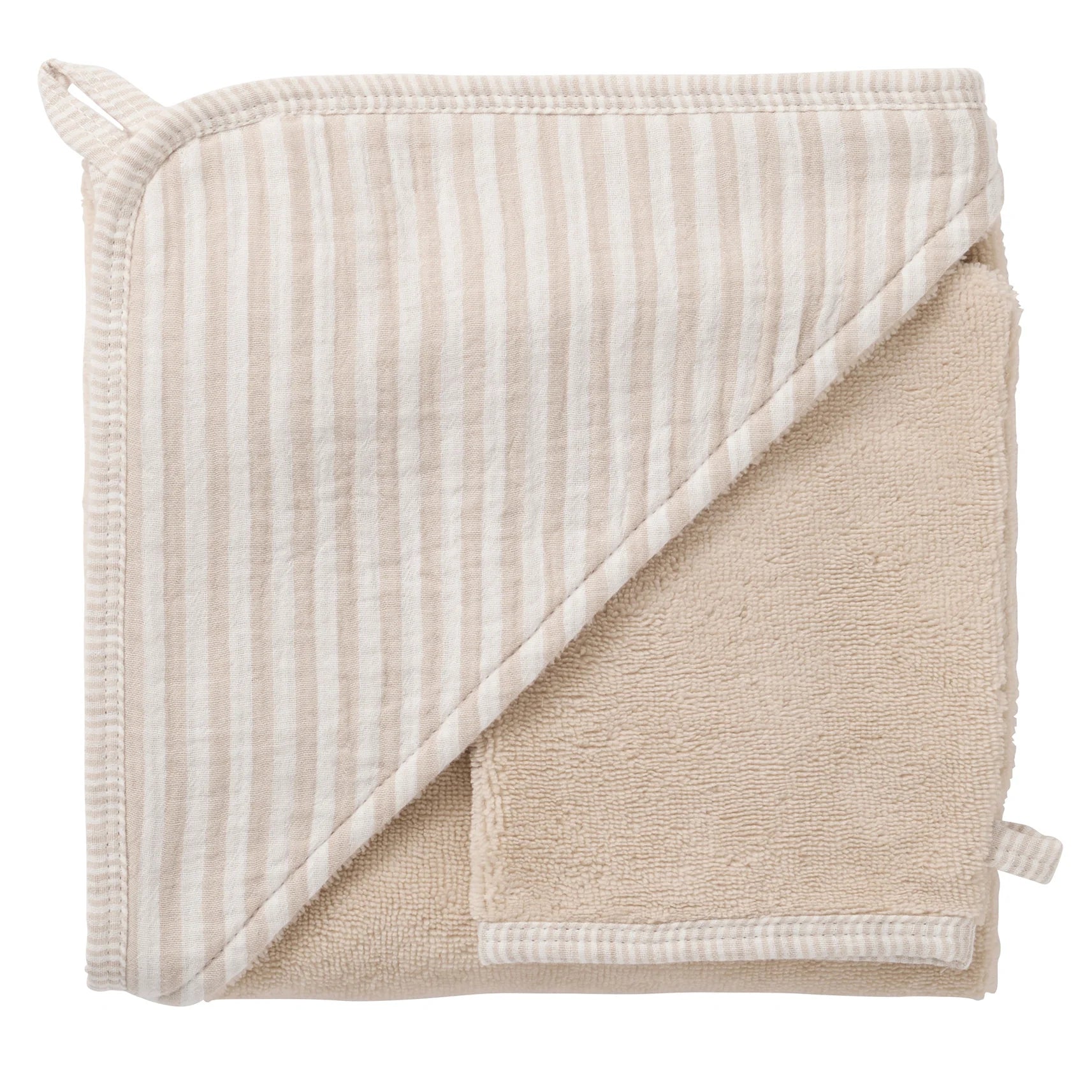 Cape de bain + gant rayé galet – Soft Stripes