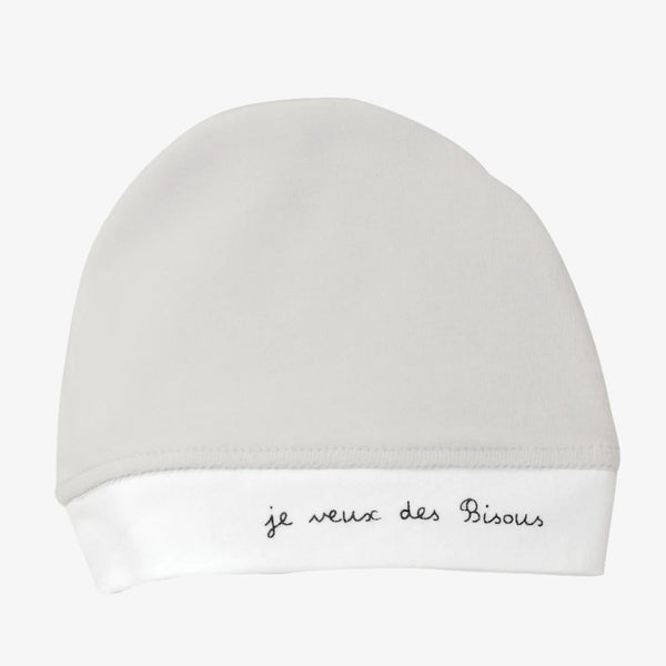 Bonnet naissance je veux des bisous gris - Petit coeur salé