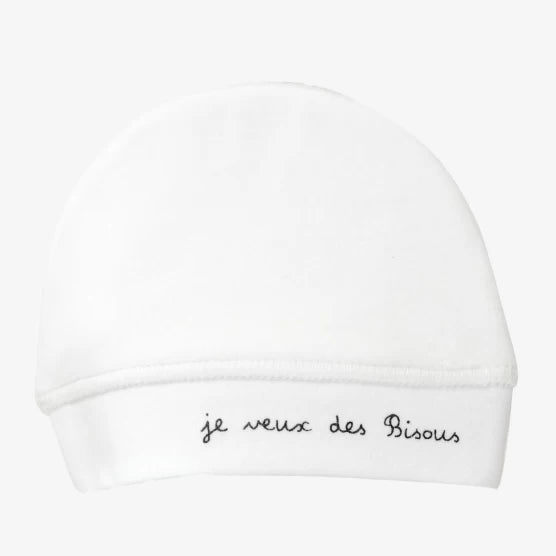 Bonnet naissance je veux des bisous blanc - Petit coeur salé