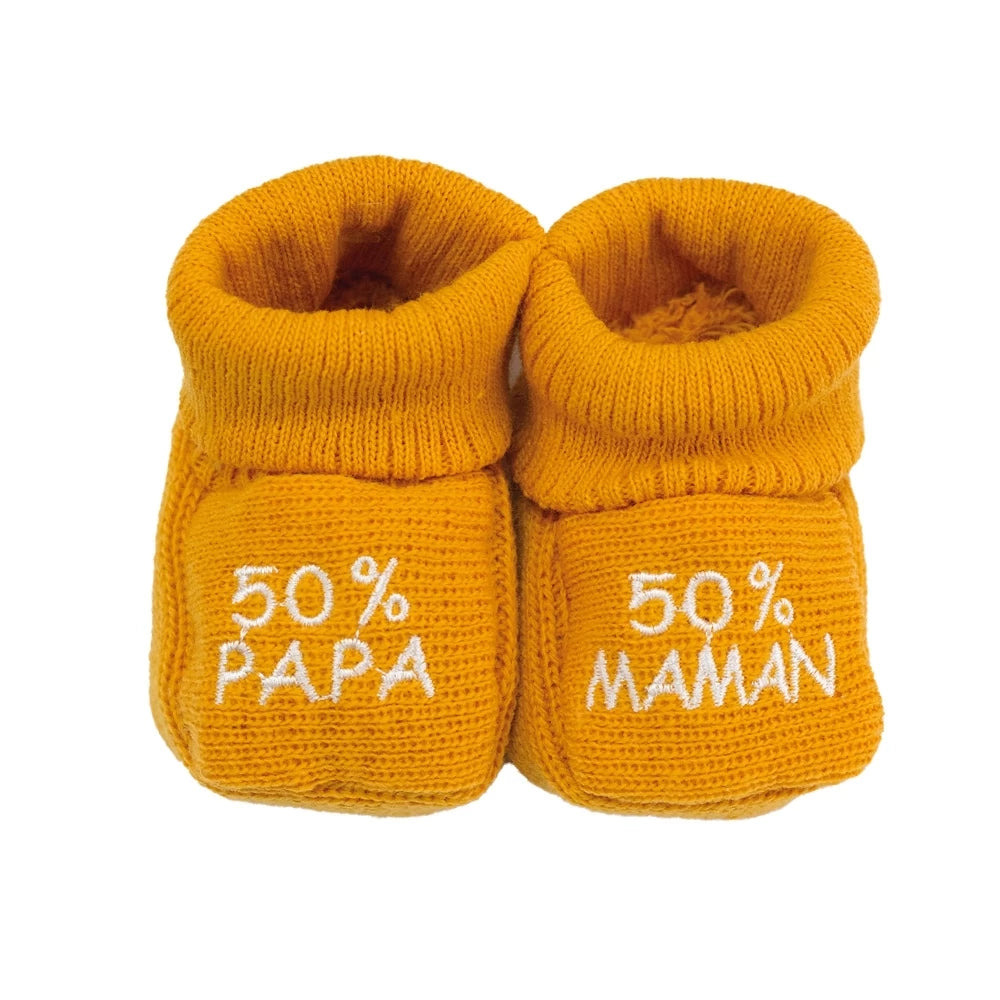 Chaussons bébé 50% papa/50% maman moutarde